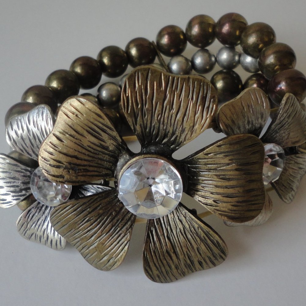 Brushed Silver and Gold Flower Rhinestone Metal Costume Bracelet - NEW